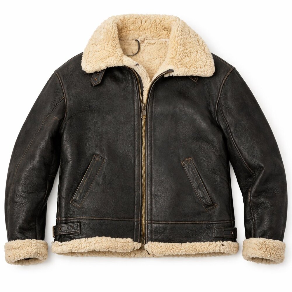 Vintage B-3 Shearling Bomber Jacket Aviator Pilot WWII Style Black Sheepskin L